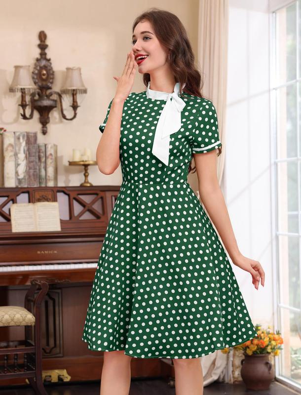 Vestido ODIZLI vintage anos 50 com poás e gola com laço, midi